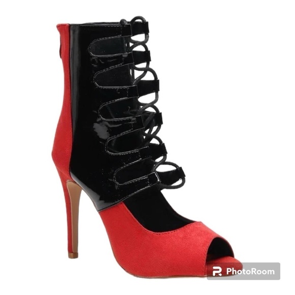 NWT BURJU Ryann Lace Up Open Toe Strappy Ankle Boots | red/black 12 - Picture 1 of 10